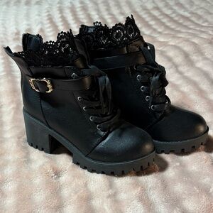 Black Lace Trim Ankle Boots